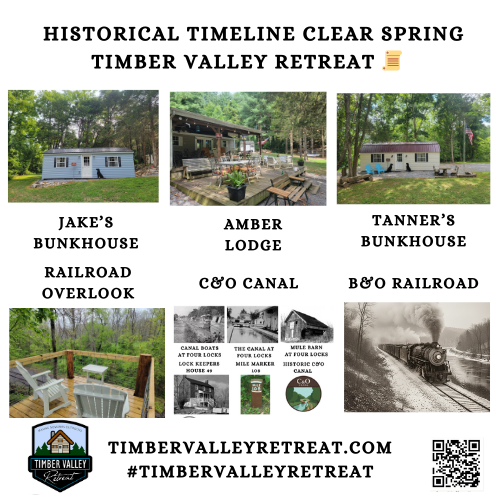 📜 12 Remarkable Moments on our Historical Timeline Clear Spring
To stand on the ridge at Timber Valley is to stand at the intersection of American ambition. Our Historical Timeline Clear Spring reveals a location that is truly a geographical and chronological marvel. Timber Valley Retreat history is unique because of our placement: the railroad at our front door and the C&O Canal at our back door. For a brief period, these two giants of industry stood side-by-side, competing for the future of a growing nation. We invite travelers from Washington D.C., Virginia (VA), West Virginia (WV), and Pennsylvania (PA) to explore this sequence of events that shaped the very land you walk on today.