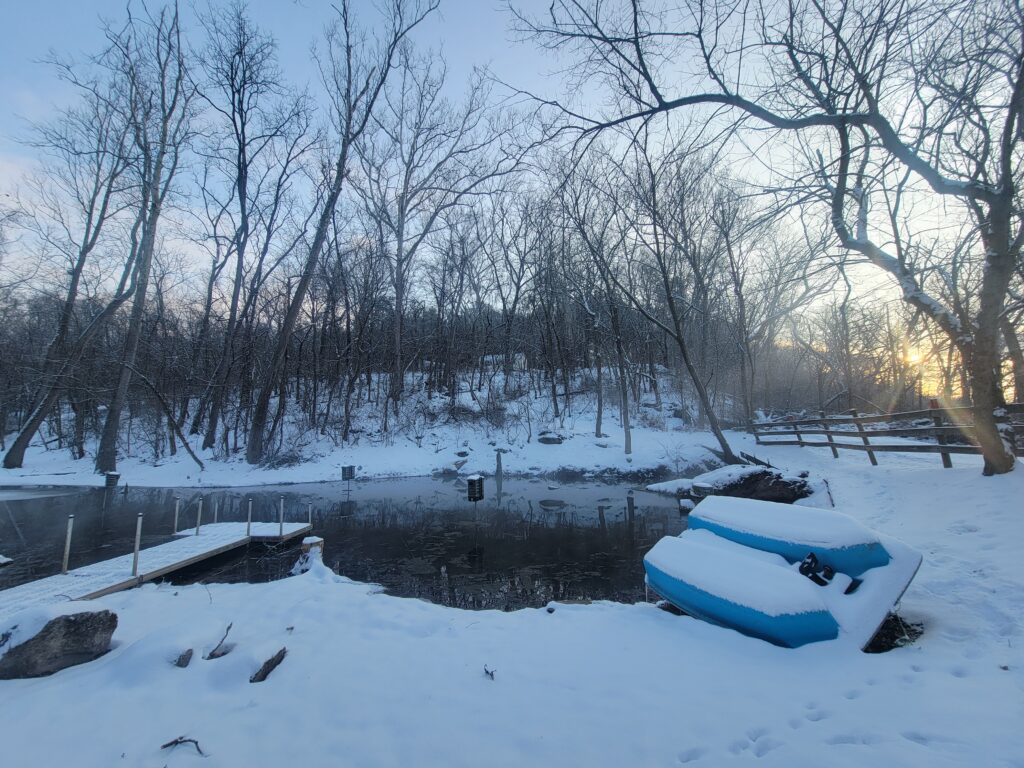 Frozen Mirror: The Spring-Fed Pond 💦
Our Spring-Fed Pond takes on a completely different character in the winter. We mention this pond every other post because it is the center of our tranquility, and when it is covered in ice and snow, it becomes a perfect frozen mirror of the Maryland sky. Looking at the pond during the winter months allows you to feel the calmness and peace of the moment. It is a reminder that beneath the ice, life is simply resting, waiting for the right moment to return.