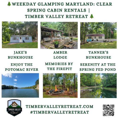 Escape the crowds with the best weekday cabin glamping Clear Spring offers! 🏕️ 100 private acres at Timber Valley Retreat with handcrafted cabins for the whole family.