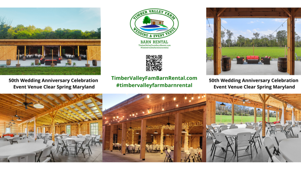 2. The Grand Event: Timber Valley Farm Barn Rental 🏡
Your journey begins at the barn. Timber Valley Farm Barn Rental is the perfect canvas for your 50th-anniversary masterpiece. With its soaring timber beams and rustic elegance, the barn provides a sophisticated yet warm environment for your formal reception.

Imagine your friends and family gathered in this magnificent space, where modern amenities ensure everyone—from the youngest grandchildren to your lifelong peers—is comfortable. It is a premier 50th Wedding Anniversary Event Venue in Clear Spring Maryland because it balances the grandeur of the milestone with the intimacy of a family home. 🪵✨