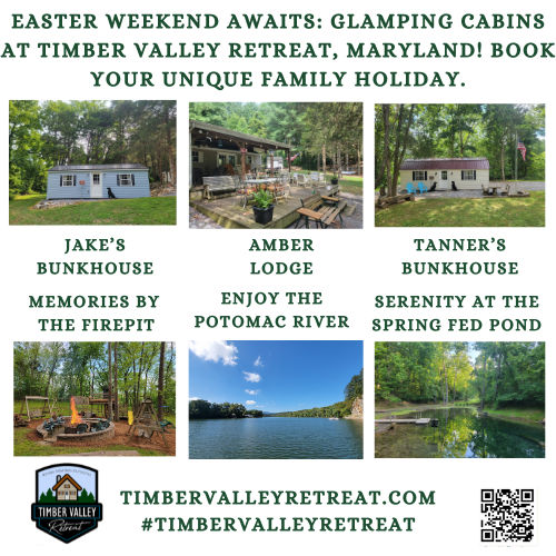 A peaceful scene of the cabins and pond area, promoting a private Easter retreat and exclusive campground rental.