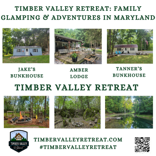 A Family Glamping Adventure scene at Timber Valley Retreat, showing a cozy cabin and a family around a campfire.