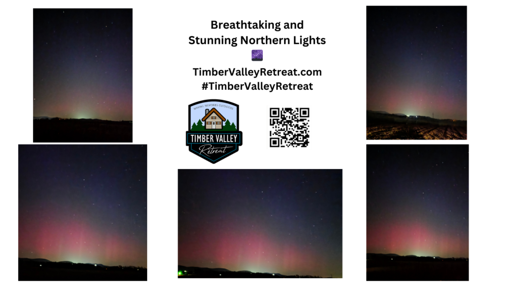 Witness the stunning Northern Lights at Timber Valley Retreat. Discover why our 5:00 am walk was a breathtaking experience near DC, VA, PA, and WV. 🌌✨