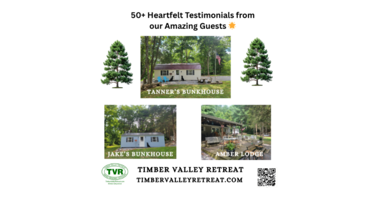 50+ heartfelt guest testimonials for Timber Valley Retreat glamping cabins, featuring Tanner’s Bunkhouse, Jake’s Bunkhouse, and Amber Lodge on our 100-acre farm in Clear Spring, Maryland. 🌲🏡✨