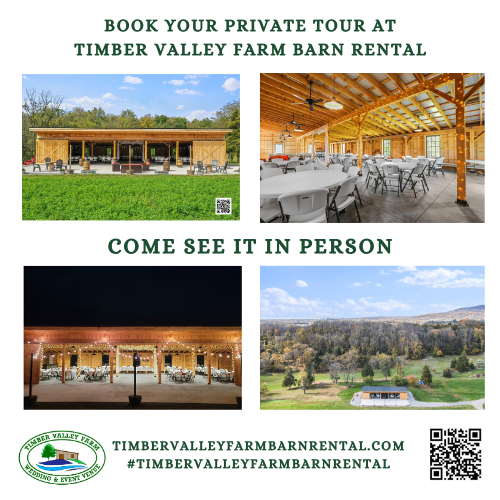 Tour the Timber Valley Farm Barn Rental Venue
During your stay at the campground, you might find yourself dreaming about hosting a larger, milestone celebration on our historic property. If you are planning a future outdoor wedding, an elegant family reunion, a corporate event, or a large milestone anniversary, don't hesitate to ask Tom about stopping by and checking out Timber Valley Farm Barn Rental.