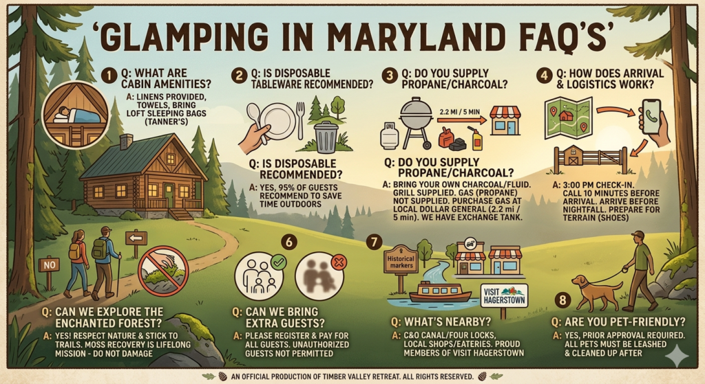 An informational graphic titled "Glamping in Maryland FAQ's" that outlines key details for guests at Timber Valley Retreat, including cabin amenities, arrival protocols, pet policies, stewardship of the Enchanted Forest, and local area highlights.