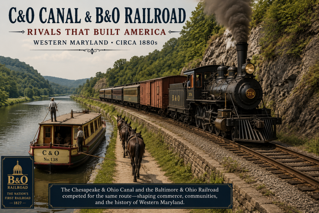 Historic illustration depicting a Baltimore & Ohio Railroad steam locomotive traveling beside the Chesapeake & Ohio Canal as a mule-drawn canal boat moves along the towpath, representing the famous transportation rivalry that shaped Western Maryland and the Potomac River corridor during the 1800s.