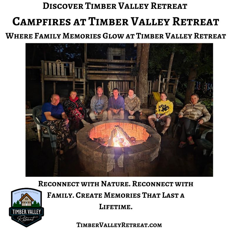 Families enjoying Campfires in Western Maryland at Timber Valley Retreat, gathered around a glowing fire pit beneath the night sky to share stories and create lasting memories.