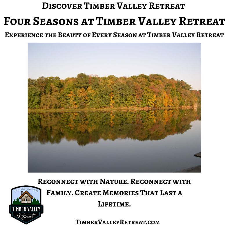 Colorful autumn trees reflected in the Potomac River near Timber Valley Retreat, showcasing the beauty of every season in Western Maryland.