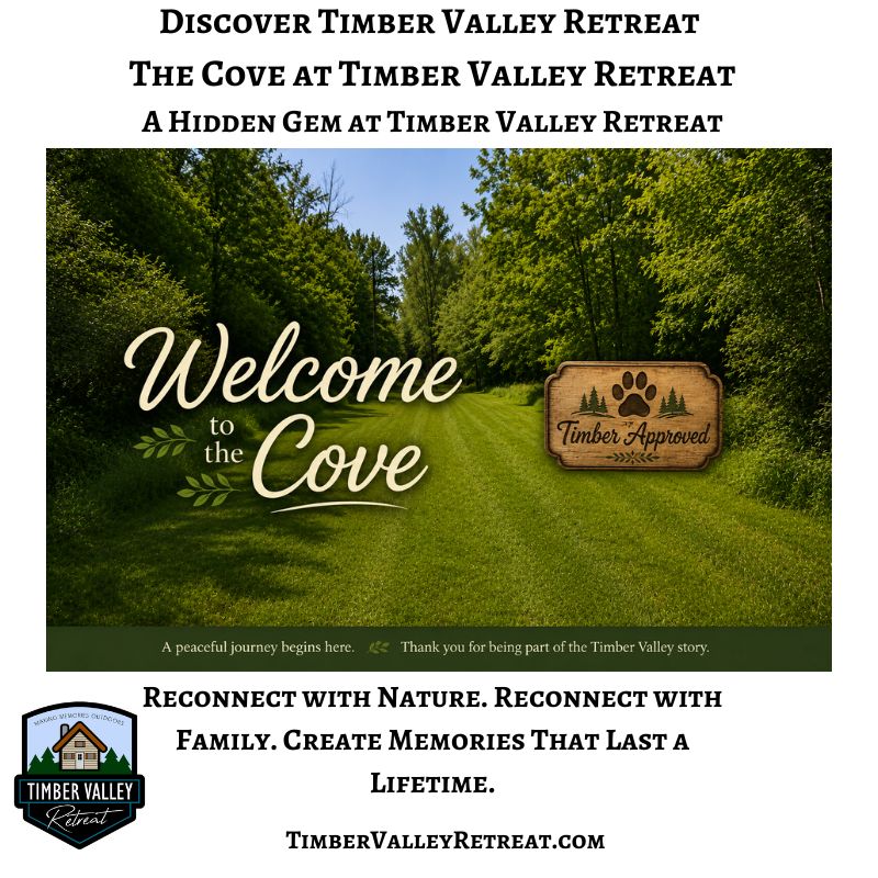 The entrance to The Cove at Timber Valley Retreat in Western Maryland, welcoming guests to a peaceful woodland escape surrounded by nature.