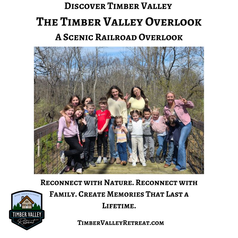 Multi-generational family at the Timber Valley Railroad Overlook during a Family Cabin Getaway Maryland at Timber Valley Retreat, creating lasting Family Cabin Getaway Memories at our Western Maryland Cabin.