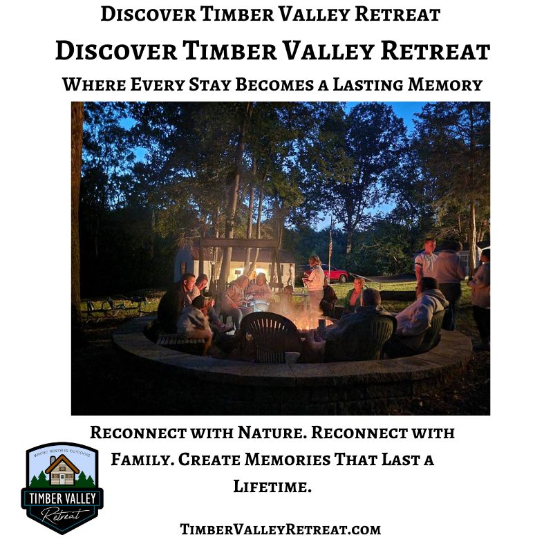 Families gathered around the campfire at Timber Valley Retreat in Western Maryland, enjoying an evening together beneath the trees while creating lasting memories.