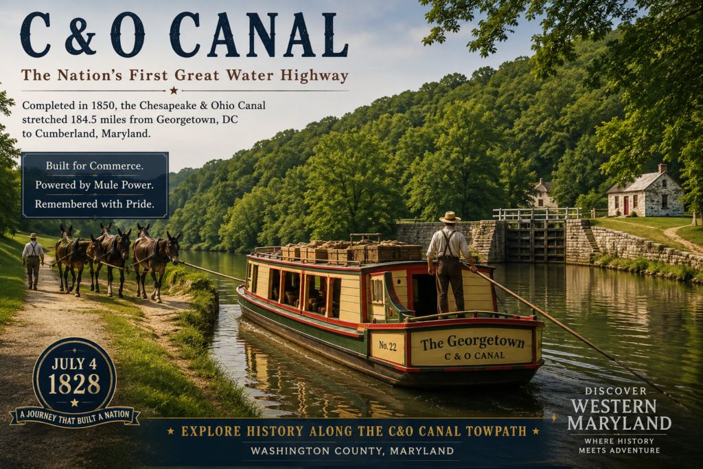 Historic mule-drawn canal boat traveling along the Chesapeake & Ohio Canal beside the towpath on a peaceful summer day, illustrating the transportation history that began on July 4, 1828, in Western Maryland.