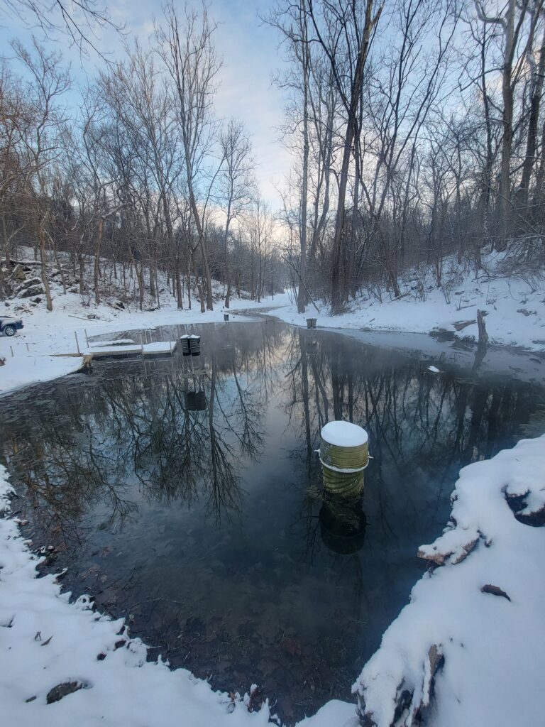Snow-covered spring-fed pond at Timber Valley Retreat with open water reflecting the surrounding forest, demonstrating how the natural spring keeps the pond flowing through winter.