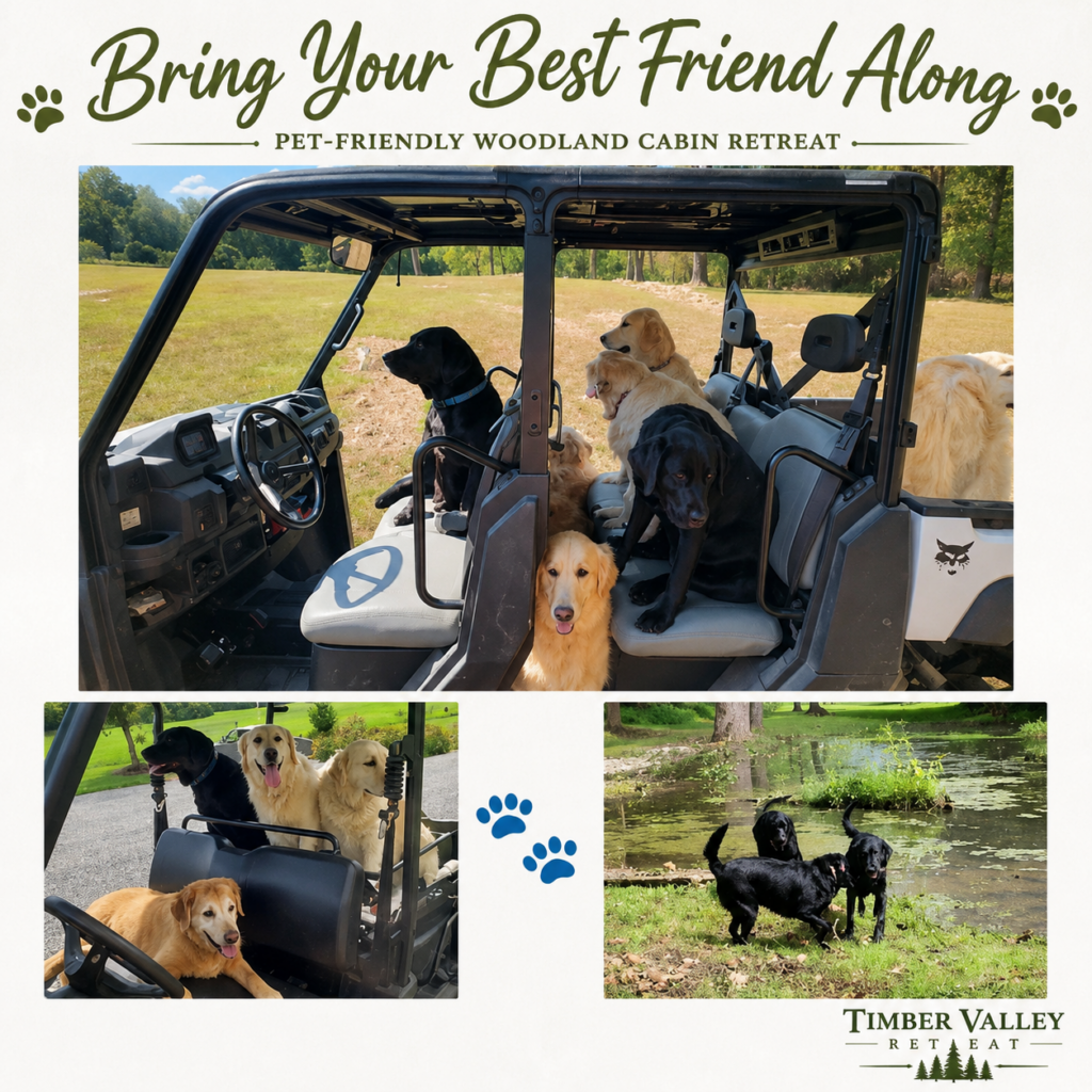 Dogs enjoying a pet-friendly woodland cabin retreat at Timber Valley Retreat in Western Maryland, featuring the Timber Valley Trailblazer UTV and outdoor adventures near PA, WV, VA and DC.