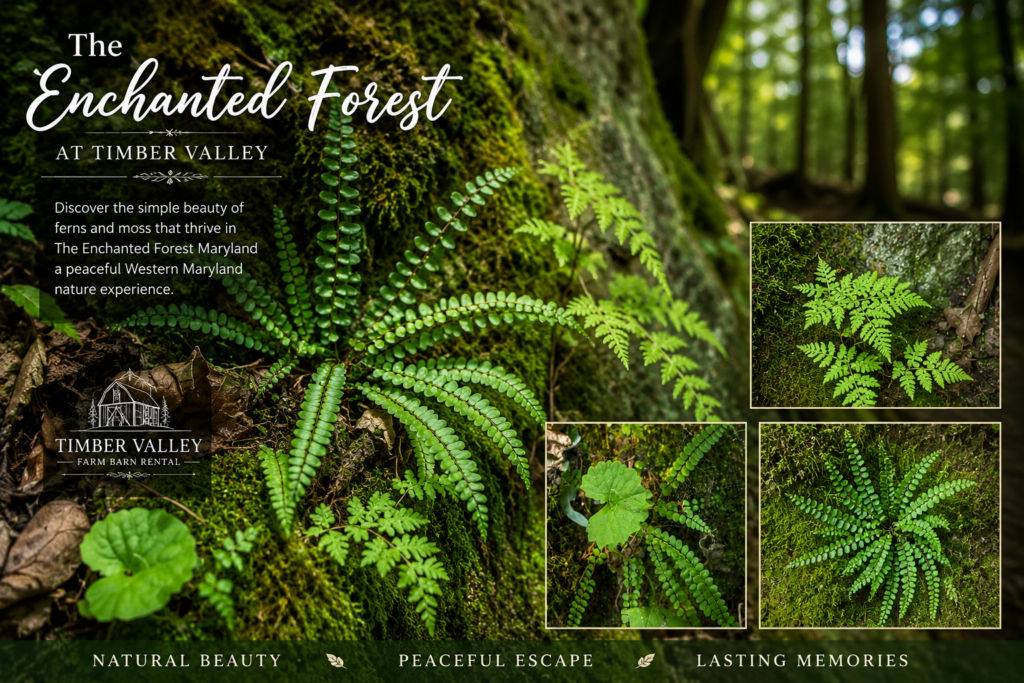 The Enchanted Forest at Timber Valley Retreat featuring moss-covered trees and ferns, one of the Favorite Photo Locations near our Western Maryland Cabin.
