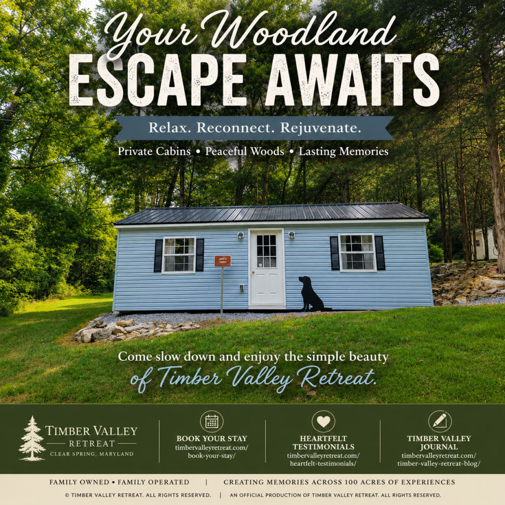 Jake's Cabin at Timber Valley Retreat surrounded by peaceful woodland in Clear Spring, Maryland, inviting guests to enjoy a relaxing Woodland Cabin Retreat Maryland and a memorable Family Woodland Cabin Getaway.