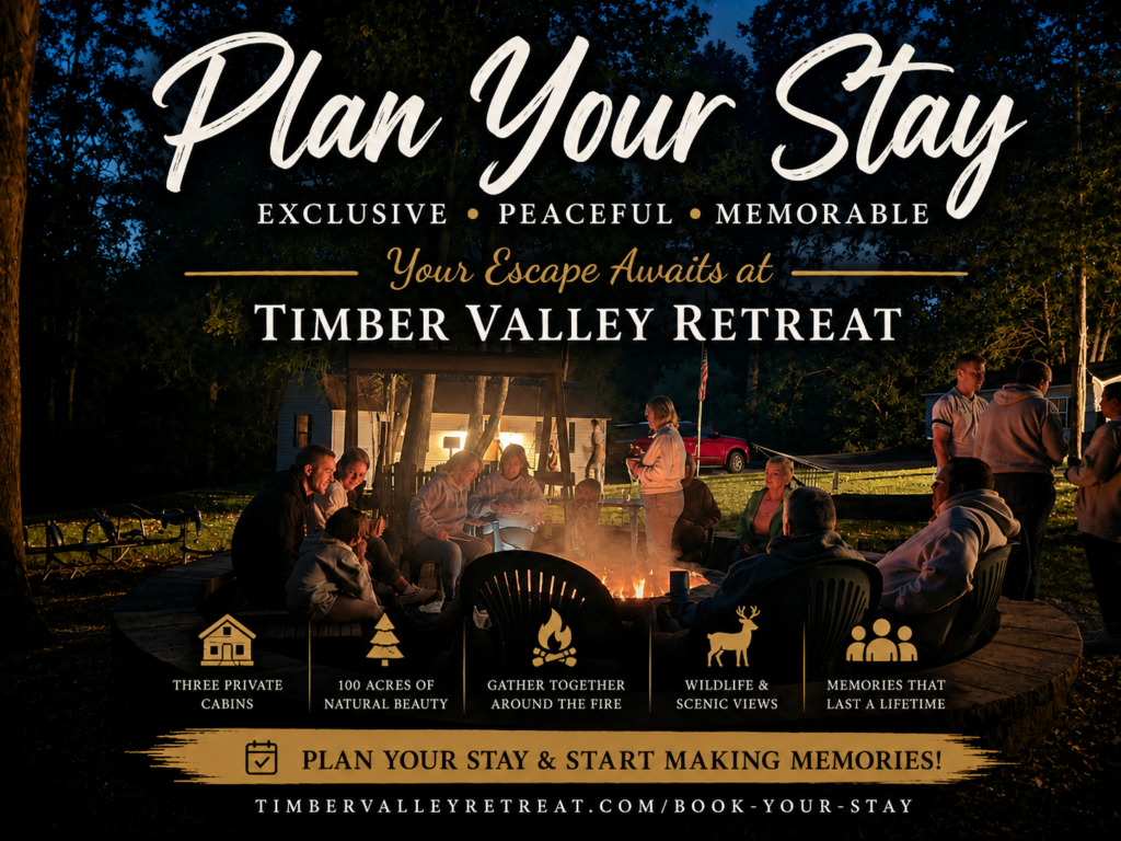 Families enjoying a campfire at Timber Valley Retreat in Western Maryland with an invitation to plan your stay at our exclusive woodland cabin retreat.