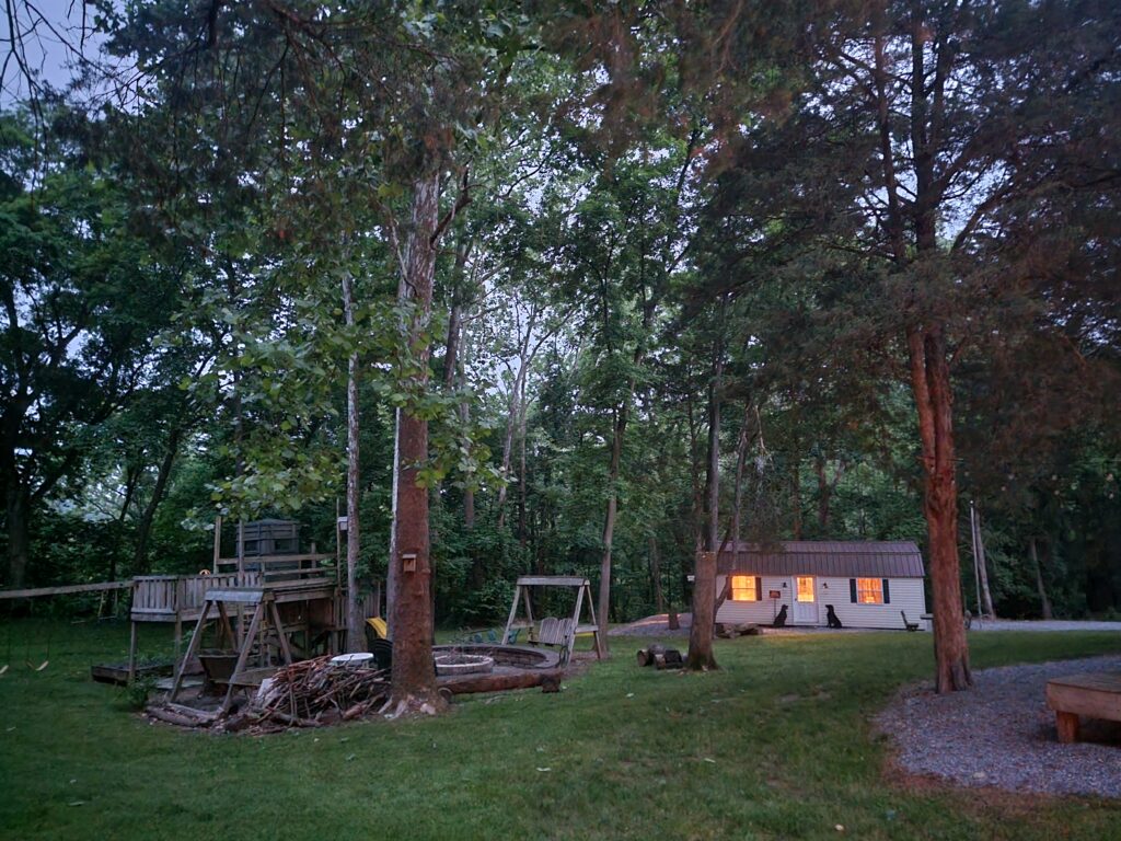 Evening at Timber Valley Retreat with towering trees, peaceful cabins, and the campfire gathering area after a day of Forest Bathing Maryland.