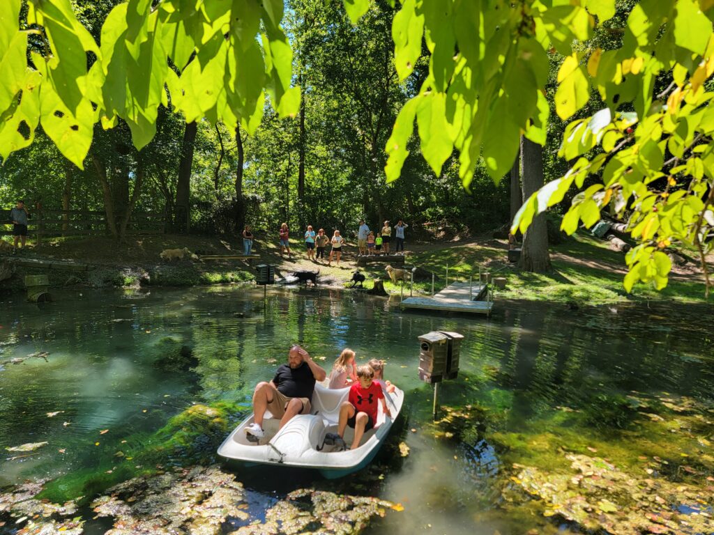 Family enjoying a peaceful boat ride together on the spring-fed pond at Timber Valley Retreat in Clear Spring, Maryland, surrounded by woodland scenery.