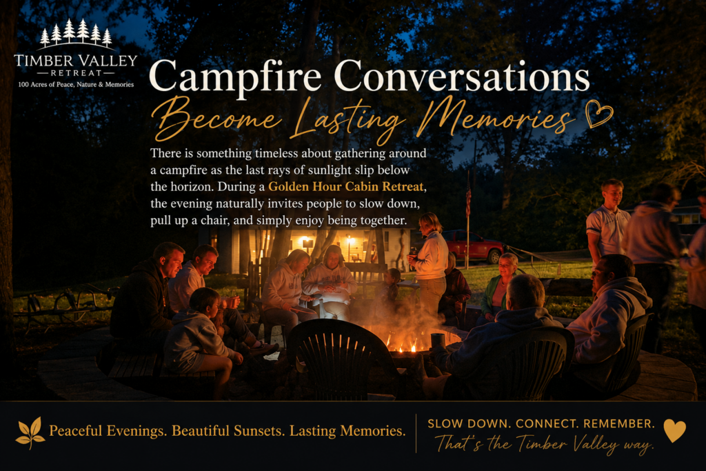 Family and friends gathered around a campfire at Timber Valley Retreat in Clear Spring Maryland during an evening group getaway.