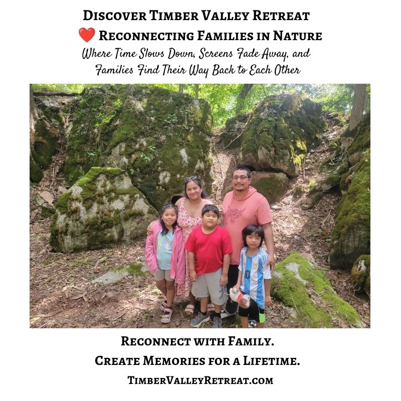 A family reconnecting in nature among moss-covered boulders and woodland trails at Timber Valley Retreat during a Reconnecting Families in Nature experience in Clear Spring, Maryland.