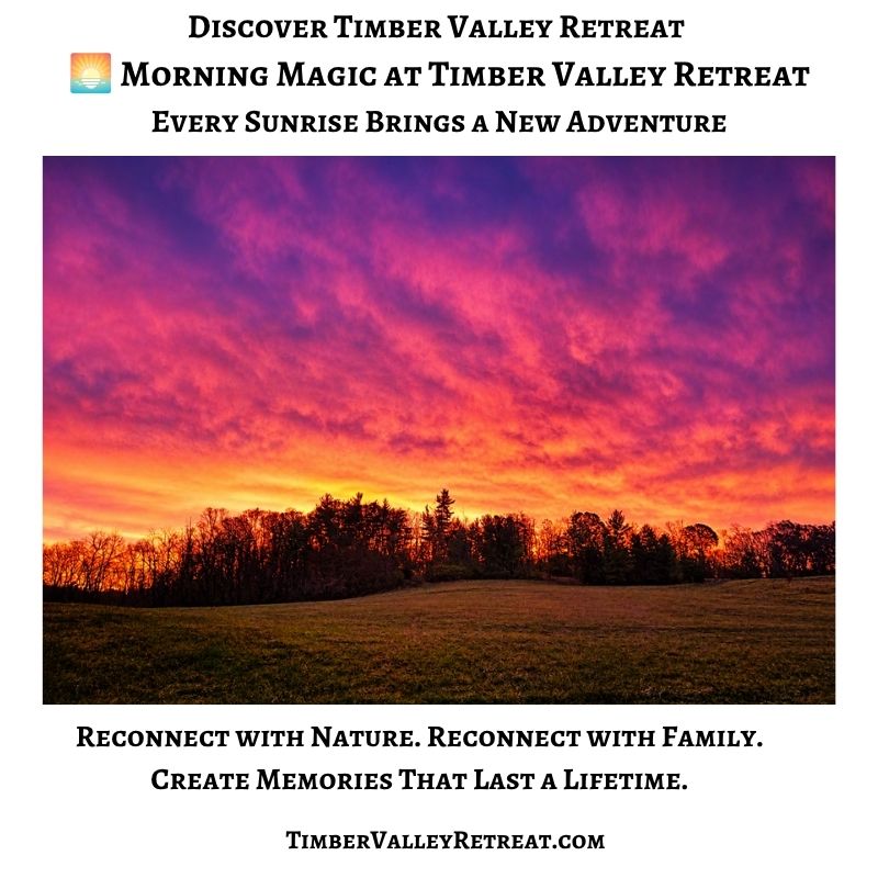 Brilliant sunrise over the rolling countryside at Timber Valley Retreat during Morning Magic at Timber Valley Retreat, a Family Woodland Cabin Getaway and Western Maryland Cabin Rental where every sunrise begins a new adventure.