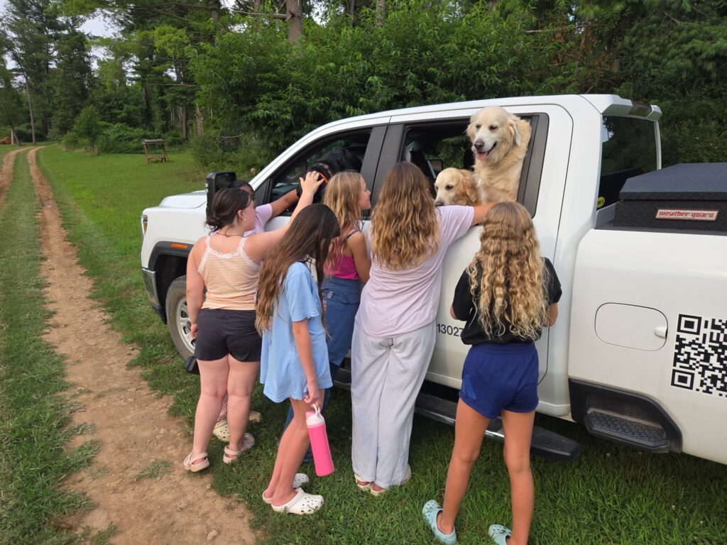 Girl Scouts meeting dogs during a group getaway in Western Maryland at Timber Valley Retreat