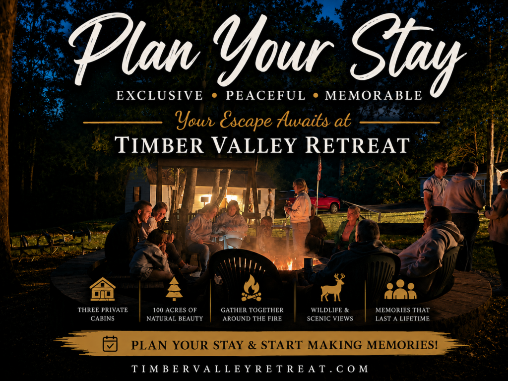 Plan Your Stay at Timber Valley Retreat featuring families gathered around the campfire at a peaceful Western Maryland Cabin getaway.