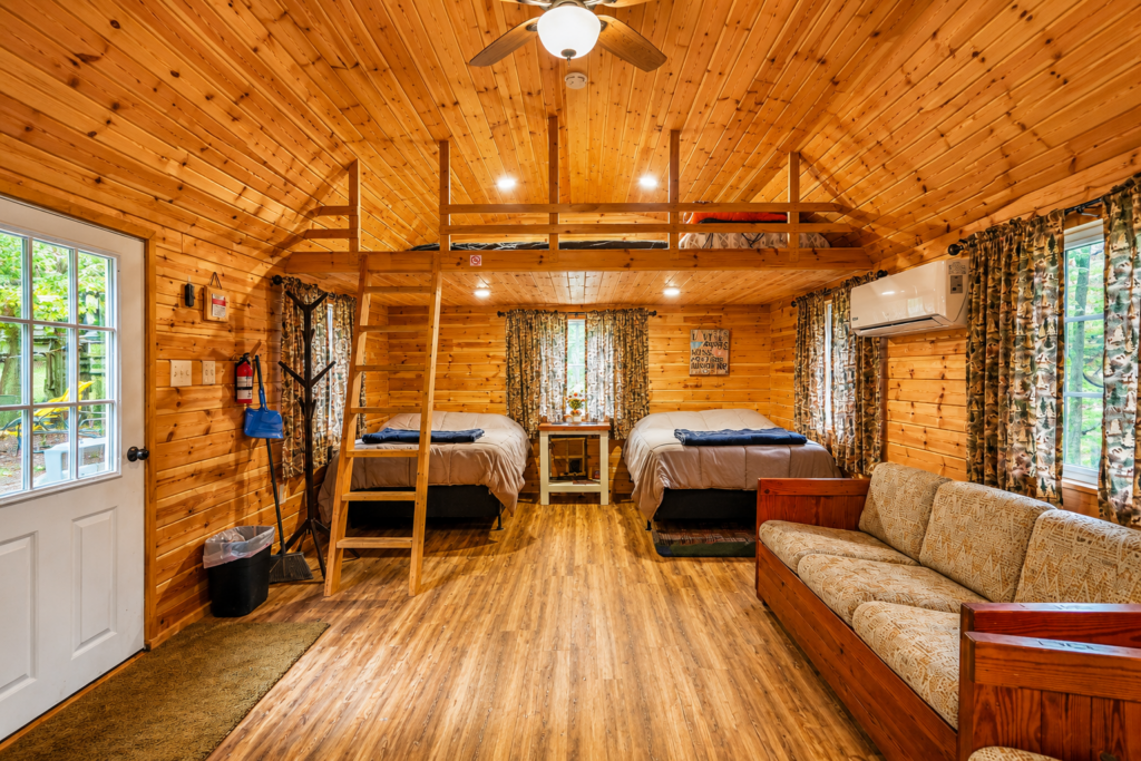 Glamping and Camping Western Maryland inside Tanner's Bunkhouse cabin at Timber Valley Retreat