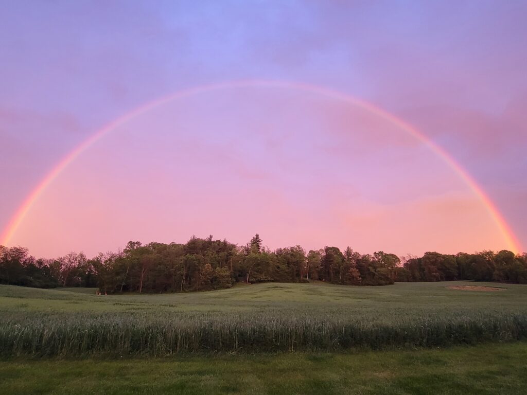Brilliant evening rainbow over Timber Valley Retreat following a summer rainstorm in Western Maryland.