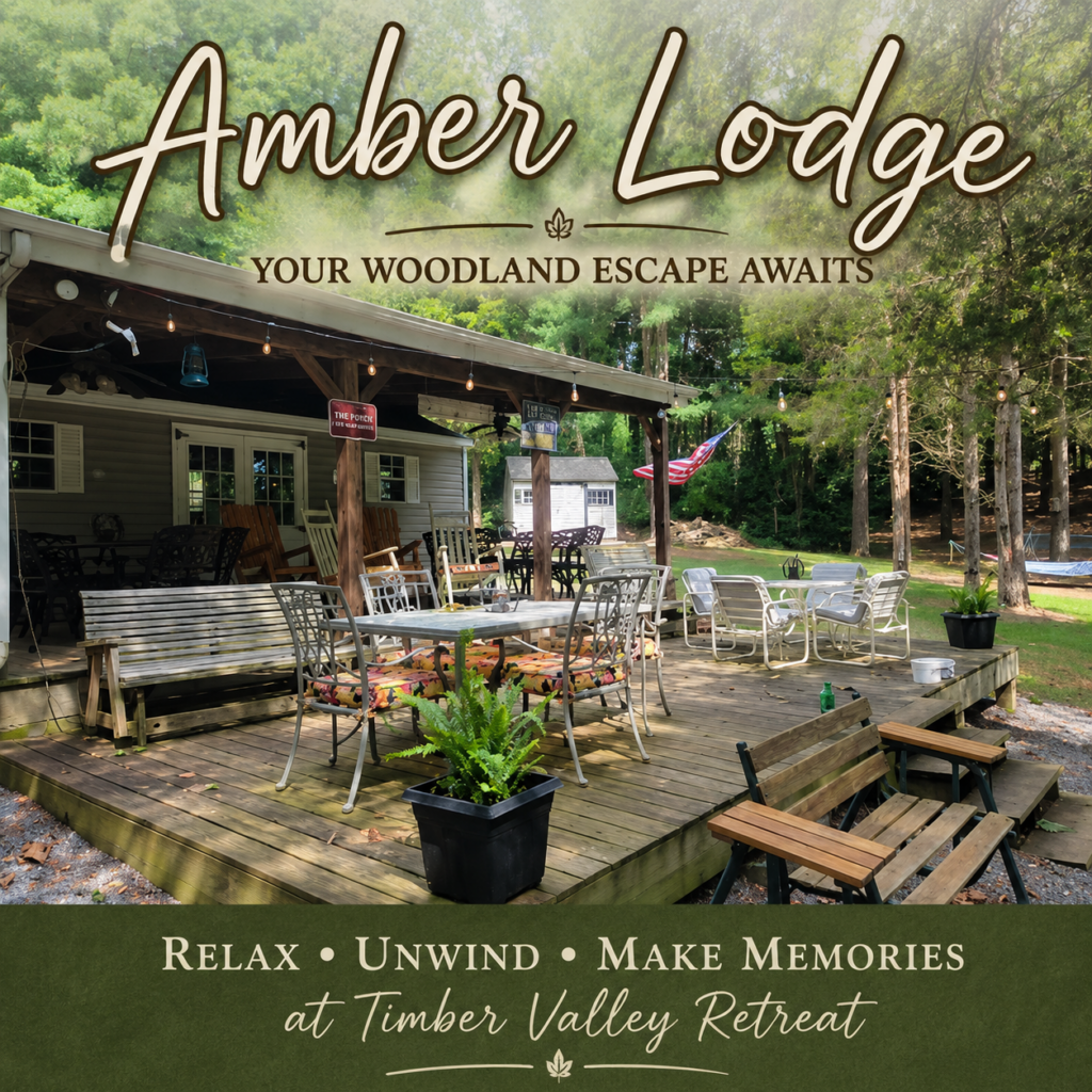 Morning coffee on the private deck of Amber Lodge during a Morning Cabin Getaway Maryland at Timber Valley Retreat, a peaceful cabin escape surrounded by the natural beauty of Western Maryland.