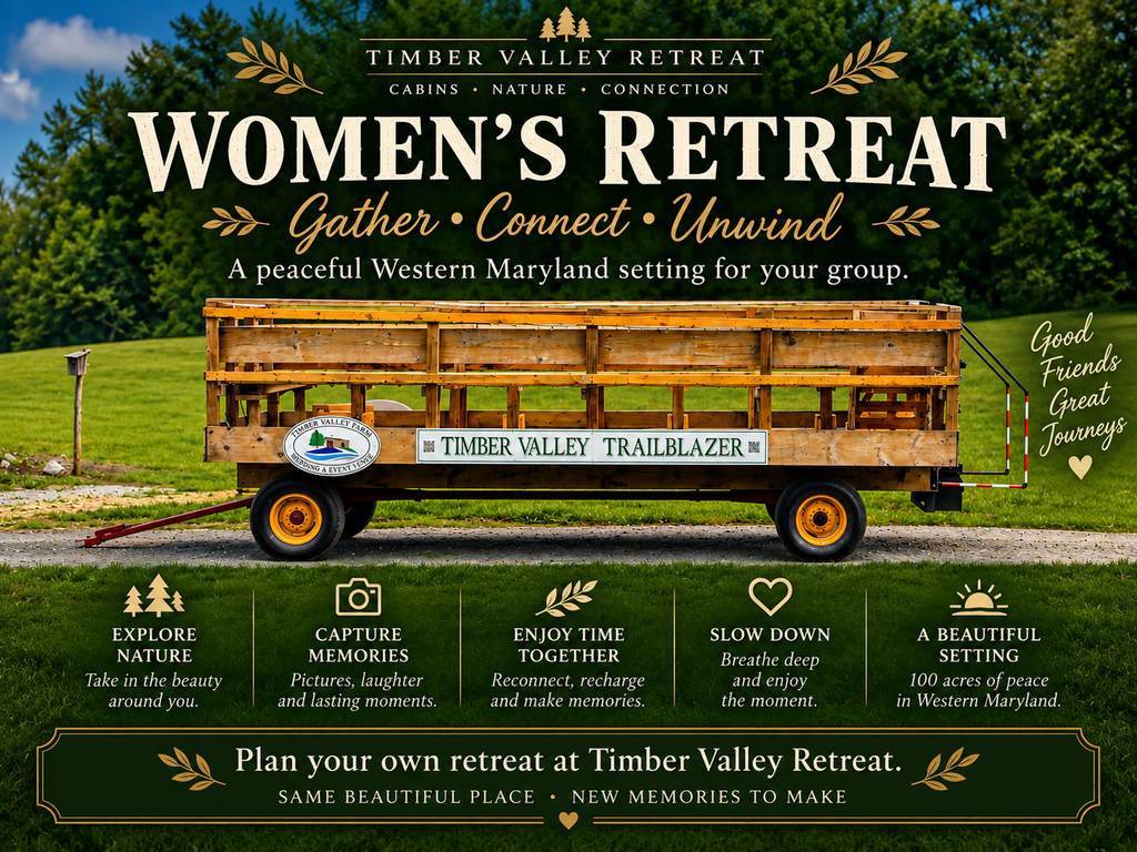 Timber Valley Trailblazer wagon ride through the countryside at Timber Valley Retreat in Western Maryland