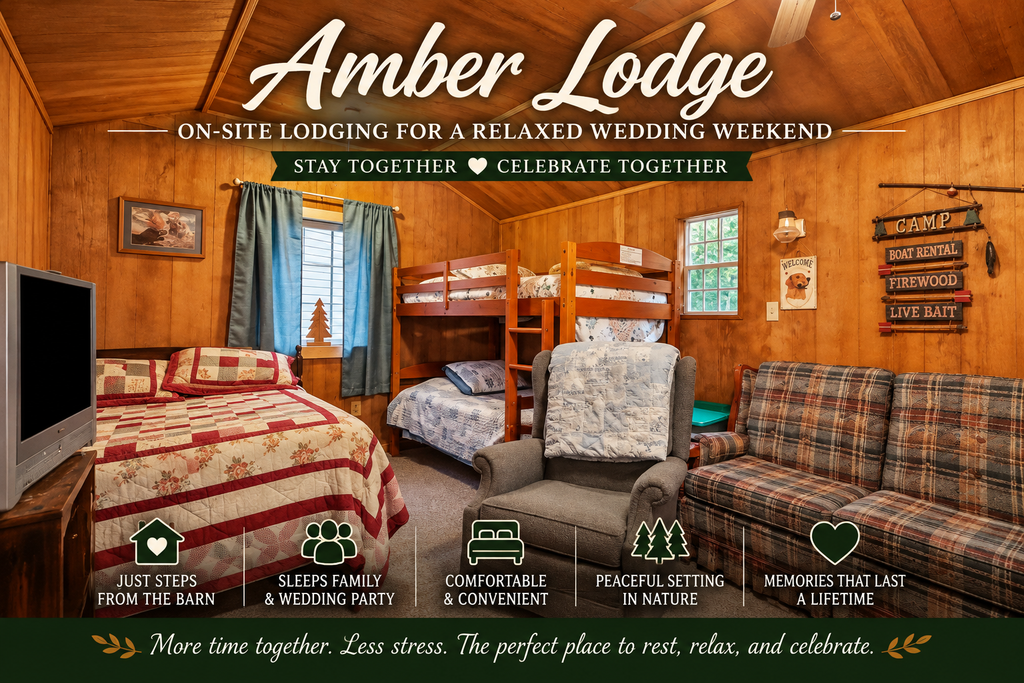 Amber Lodge at Timber Valley Retreat in Clear Spring, Maryland, featuring rustic wood-paneled walls, a bed, bunk beds, and comfortable seating for a woodland getaway.