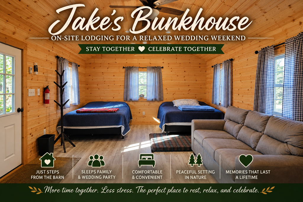 Tanner’s Bunkhouse at Timber Valley Retreat in Clear Spring, Maryland, featuring a warm wood interior, comfortable beds, and cozy seating for a peaceful woodland stay.