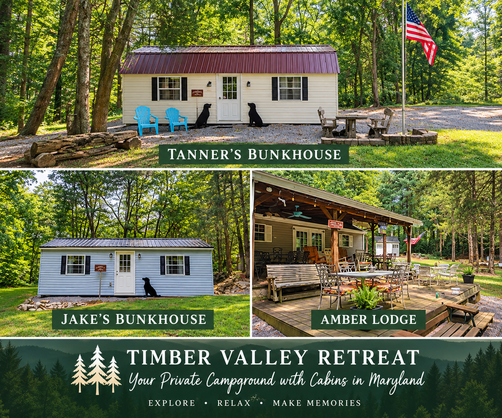 Three private cabins at Timber Valley Retreat in Clear Spring, Maryland: Tanner’s Bunkhouse, Jake’s Bunkhouse, and Amber Lodge, surrounded by peaceful woodland scenery