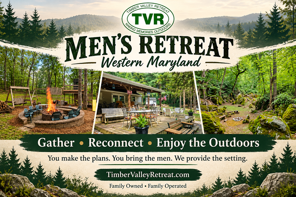 Men’s Retreat Western Maryland at Timber Valley Retreat featuring private cabins and peaceful woodland surroundings in Clear Spring, Maryland