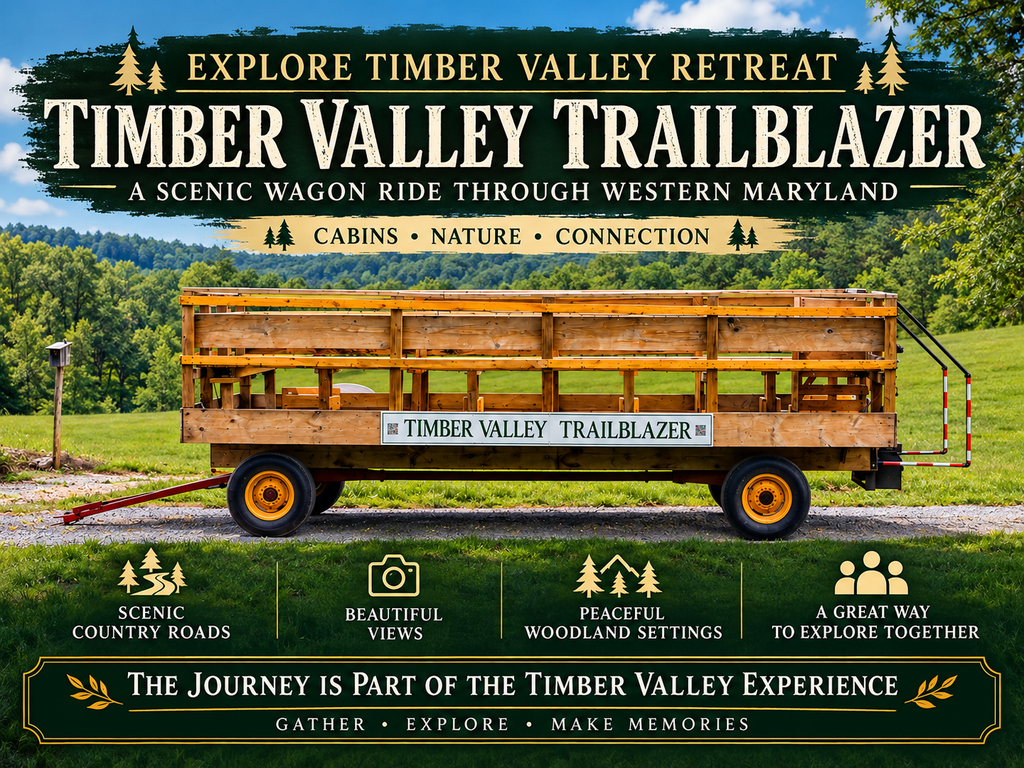 Timber Valley Trailblazer scenic wagon ride at Timber Valley Retreat in Western Maryland, surrounded by green countryside and woodland scenery